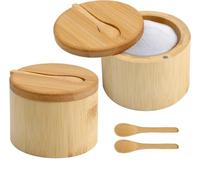 Scatola di Sale Bambu 2Pcs , Contenitore per il Sale di Legno, Bamboo Salt Cellar, Porta Sale Legno, con Coperchio Girevole & Cucchiai in Legnos, pour condimenti da cucina spezie erbe aromatiche