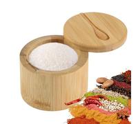 Scatola di Sale Bambu, Contenitore per il Sale di Legno, Bamboo Salt Cellar, Porta Sale Legno, con Coperchio Girevole & Cucchiai in Legno, per Spezie, Erbe (9 x 9 x 7 cm)