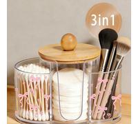 Scatola di stoccaggio in plastica trasparente con coperchio in bambù a 3 in 1 a motivo di fiocco rosa, organizer da scrivania per il trucco con tre fori rotondi, scatola di stoccaggio per cosmetici tr