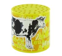 Scatola muuu / mucca in scatola / scatoletta con mucca tradizionale per ascoltare il verso / il muggito della mucca - Etichetta con una mucca circondata dalla parola "Muuu" in tutte le lingue.