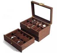 Scatola organizer per orologi, in legno massello a 2 ripiani con coperchio in vetro, cuscini in velluto rimovibili, noce rustico, 10 scomparti per gioielli