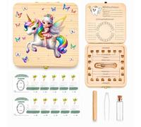 Scatola per denti da latte, da bambina, idea regalo, in legno | Set di fatine dei denti con certificati, unicorni, funzione di visualizzazione, auguri positivi stampati
