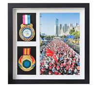 Scatola per medaglie, cornice per medaglie, maratona, espositore per medaglie, 2 medaglie e foto, per premi militari, corridori di triathlon, maratona e tutti gli sport (nero, A4)