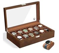 Scatola per orologi in legno, da uomo, con coperchio in vetro (marrone, 12 pezzi)