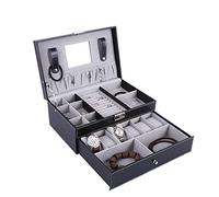 Scatola per orologi in pelle con esposizione di gioielli Custodia per gioielli nera con cassetto con chiusura a chiave per occhiali Vetrina per esposizione a doppio strato.Portaoggetti per orecchini
