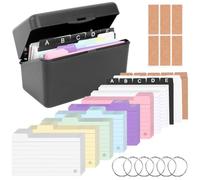 Scatola per schedari nero, 14 x 7,8 x 8,8 cm, con 280 schede colorate, 15 registri, 6 anelli, 6 adesivi, per studenti, apprendimento, appunti scolastici, ufficio, casa