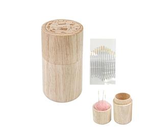 Scatola per spilli in legno, 12 cm, scatola portatile per aghi da cucito con coperchio, set di aghi da ricamo incluso, organizer per perni di palla di lana per cucito progetto fai da te uso domestico