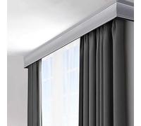 Scatola per tende con doppio binario e mantovana decorativa, 1,8 m, grigio, per camera da letto, pulegge lisce e silenziose, elegante soluzione per il trattamento delle finestre