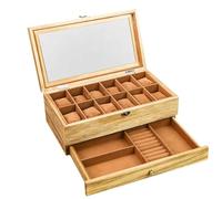 Scatola porta orologi e gioielli, 12 scomparti, a 2 ripiani, con coperchio in vetro, rivestimento in velluto, contenitore in legno per orologi, collane, anelli, orecchini