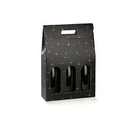 Scatola PORTABOTTIGLIE da 3 posti 27x9x38.5 cm con Finestre | PORTA BOTTIGLIE 3 VANI CON MANICO MATRIMONI EVENTI SPECIALI (Nero costellazione)