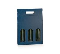 Scatola PORTABOTTIGLIE da 3 posti 27x9x38.5 cm con Finestre | PORTA BOTTIGLIE 3 VANI CON MANICO MATRIMONI EVENTI SPECIALI (Spot Blu)