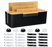 Scatola Portacavi, Organizzatore Multidispositivo con Supporto e Fascette per Cavi, Gestione Cavi Box Con Coperchio in Bambù, Per Tavoli da Gioco, Sale di Archiviazione, aree di Ricevimento (Nero)