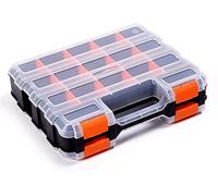 Scatola portaoggetti a doppio lato con divisorio in plastica rimovibile, scatola per attrezzi, 34 scomparti, eccellente per viti, dadi, piccole parti, nero/arancione