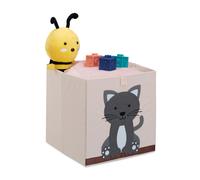 Relaxdays Box Portagiocattoli, Cesta in Stoffa Portaoggetti, 33x33x33 cm, Design Gatto, Cameretta Bambini, Beige Grigio, Poliestere, 33 x 33 x 33 cm