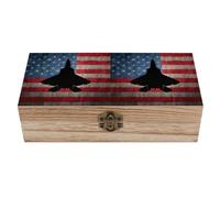 Scatola portaoggetti in legno con bandiera patriottica del caccia F-22 Raptor, coperchio con cerniera e serratura, per scatole decorative dei ricordi.