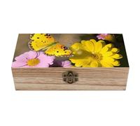 Scatola portaoggetti in legno con coperchio a cerniera e chiusura frontale, con farfalla gialla e fiore, portagioie rustico vintage in legno, contenitore decorativo per artigianato, decorazione per la