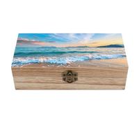 Scatola portaoggetti in legno con paesaggio al tramonto sulla spiaggia e serratura a cerniera, baule portagioie decorativo fatto a mano, eleganti scatole decorative retrò, scatola organizer compatta