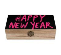 Scatola portaoggetti in legno con scritta "Happy New Year", con coperchio incernierato e chiusura frontale, grande scatola dei ricordi