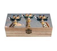 Scatola portaoggetti in legno con tre giraffe che indossano occhiali da sole, scatola portagioie rustica con coperchio incernierato e chiusura frontale, ricordo decorativo in legno per uomini e donne