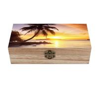 Scatola portaoggetti in legno, scatola decorativa retrò con isola di palme tropicali all'alba, scatola dei ricordi con serratura a cerniera, contenitore per gioielli, scatola regalo in legno per hob