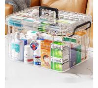 Scatola portaoggetti per medicinali, organizer per primo soccorso, doppio strato, multi griglia, portatile, con coperchio, per la casa (trasparente, L)