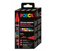 POSCA Mitsubishi Pencil - Pochette 16 Marqueurs PC5BR - Pointe Brush Moyenne, Semi-Flessibile - Peinture à Base d'Eau - Tout Support - Couleurs Assofties