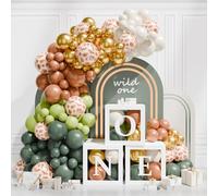 Scatole Baby Shower Decorazioni Ragazzo,3 Scatole Trasparenti Con 105 pcs Palloncini Verde Bianco Oro e lettera “ONE”,safari jungle animali Scatola Baby per palloncini compleanno 1 anno baby shower