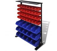 Scatole da officina con supporto in ferro e plastica, 47 pezzi, 32 scatole piccole rosse, 15 scatole grandi blu, 83 x 24,5 x 115,5 cm, per garage, officina, fai da te, ordine e conservazione