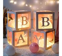 Scatole Decorazioni Baby Shower Ragazze, 30 Palloncini Rosa Bianchi, 4 Scatole Palloncini Trasparenti con 4 Fili Luminosi e 33 Lettere (BABY+ONE+A-Z), Baby Box per Baby Shower, Decorazioni Compleanno