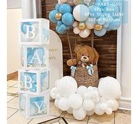 Scatole Decorazioni Baby Shower Ragazzi, 30 Palloncini Blu Bianchi, 4 Scatole Palloncini Trasparenti con 4 Fili Luminosi e 33 Lettere (BABY+ONE+A-Z), Box Baby per Baby Shower, Decorazioni Compleanno