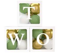 Scatole per decorazioni per feste di 2 ° compleanno per ragazzi, scatole a palloncini da 3 pezzi con 30 palloncini bianchi in oro verde e una lettere, blocchi di palloncini per 2.Birthday DOCHDROP