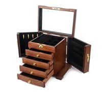 Scatole Per Gioielli Portagioie 4 cassetti in legno duro grande organizzatore di gioielli in legno con specchio e serratura portagioielli for regalo da donna Cofanetti E Scatole(Brown)