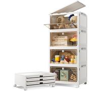 Scatole portaoggetti impilabili con coperchio, 20 l x 4 ripiani, in plastica, con sportello ribaltabile, con ruote, cassetti pieghevoli in plastica, contenitori pieghevoli per casa, armadio, ufficio