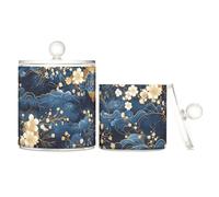 Scatole portaoggetti in plastica trasparente con coperchio, motivo floreale romantico, blu e oro, ideali per ufficio, contenitori decorativi per cotton fioc, tamponi di cotone, filo interdentale