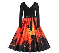 SCBFDI Abiti da Cerimonia Donna, Abiti di Halloween per Donna Manica Lunga Taglia Superiore Sexy Abito da Festa Stampato Vintage Vita Alta Abito Swing retrò
