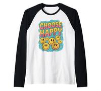 Scegli Felice Retro Positivo Citazione Carino Allegro Sorriso Faccia Maglia con Maniche Raglan
