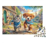 Scena Animali Accogliente Difficile Puzzle 1000 Pezzi Serata Gioco Famiglia Gatto Cane Cottage Giardino Premium Spesse Resistenti Alta Qualità Vivaci Stimolanti Antistress 38x26cm/1000pz