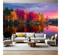 Scena Autunnale Carta da Parati Fotografica Bosco di betulle in riva al lago Poster Giganti da Parete 400 x 280 cm Soggiorno Divano TV Hotel a Tema Corridoio di Lusso Sfondo Dipinto Murale
