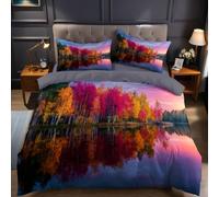 Scena Autunnale Copripiumino Una Piazza e Mezza 260x240 cm Bosco di betulle in riva al lago Set Biancheria da Letto Confortevole Microfibra Cotone Traspirante con Cerniera e 2 Federe