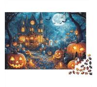 Scena castello Halloween Premium Puzzle 1000 pezzi per adulti Notte spettrale di casa stregata e Jack O'Lantern robusto alta qualità vibrante stimolante difficile antistress 70x50cm/1000pz