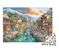 Scena Città Antica Difficile Puzzle 1000 Pezzi Adulti Città Antica Cinese Via d'Acqua Premium Spesse Resistenti Alta Qualità Vivaci Stimolanti Antistress 38x26cm/1000pz