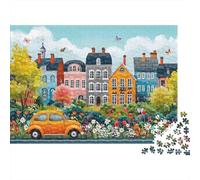 Scena colorata del villaggio 1000 strada città auto vintage Pezzi Puzzle Cartone Riciclato Casa Allenamento Cerebrale Interno Creatività Uomini Stimolante Natale Decorazione 70x50cm/1000pcs