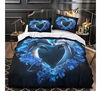 Scena d'amore con i delfini Impressione 3D 3 pz fodera per edredone Arte floreale blu dell'oceano coperteletto microfibra ipoallergenica traspirante per adolescenti ragazze donne Double（200x200cm）