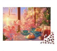 Scena del tè primaverile con coloratissimi ciliegi in fiore al tramonto. Puzzle da 1000 pezzi per adulti e bambini, splendidamente illustrato, 52x38 cm/1000 pezzi.