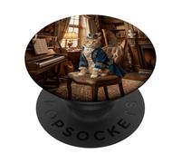 Scena della biblioteca del pianoforte della stanza di studio del gatto vittoriano PopSockets PopGrip Adesivo