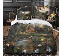 Scena della capanna nella foresta copripiumino Set di biancheria da letto 3 pezzi stampa 3D cerniera nascosta Fauna selvatica Natura Paesaggio copripiumino for coppie e adulti Single（135x200cm）