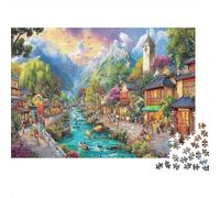 Scena della città montana Puzzle 1000 Pezzi Incantevole città montana sul fiume, idea regalo, gioco stimolante, intrattenimento creativo, decorazione casa, 70x50 cm