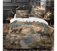 Scena della fauna selvatica Set Di Copripiumino Set di 3 Pezzi morbida microfibra stampa di 3D cerniera nascosta con federa Capanna nella foresta copripiumino for coppie e adulti Single（140x200cm）