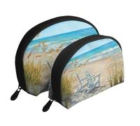 Scena della spiaggia con sedie stampate, Borsa per trucco a conchiglia Portamonete da donna Borsa da toilette piccola Borsa per cosmetici 2 pezzi