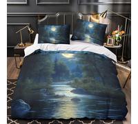 Scena di foresta illuminata dalla luna 3D Stampa Coperta Letto 3pz Microfibra Lavabile Dipinto di paesaggio notturno Coperteletto 2 federe Zip nascosta Arredo Camera Adulti Super king（260x220cm）